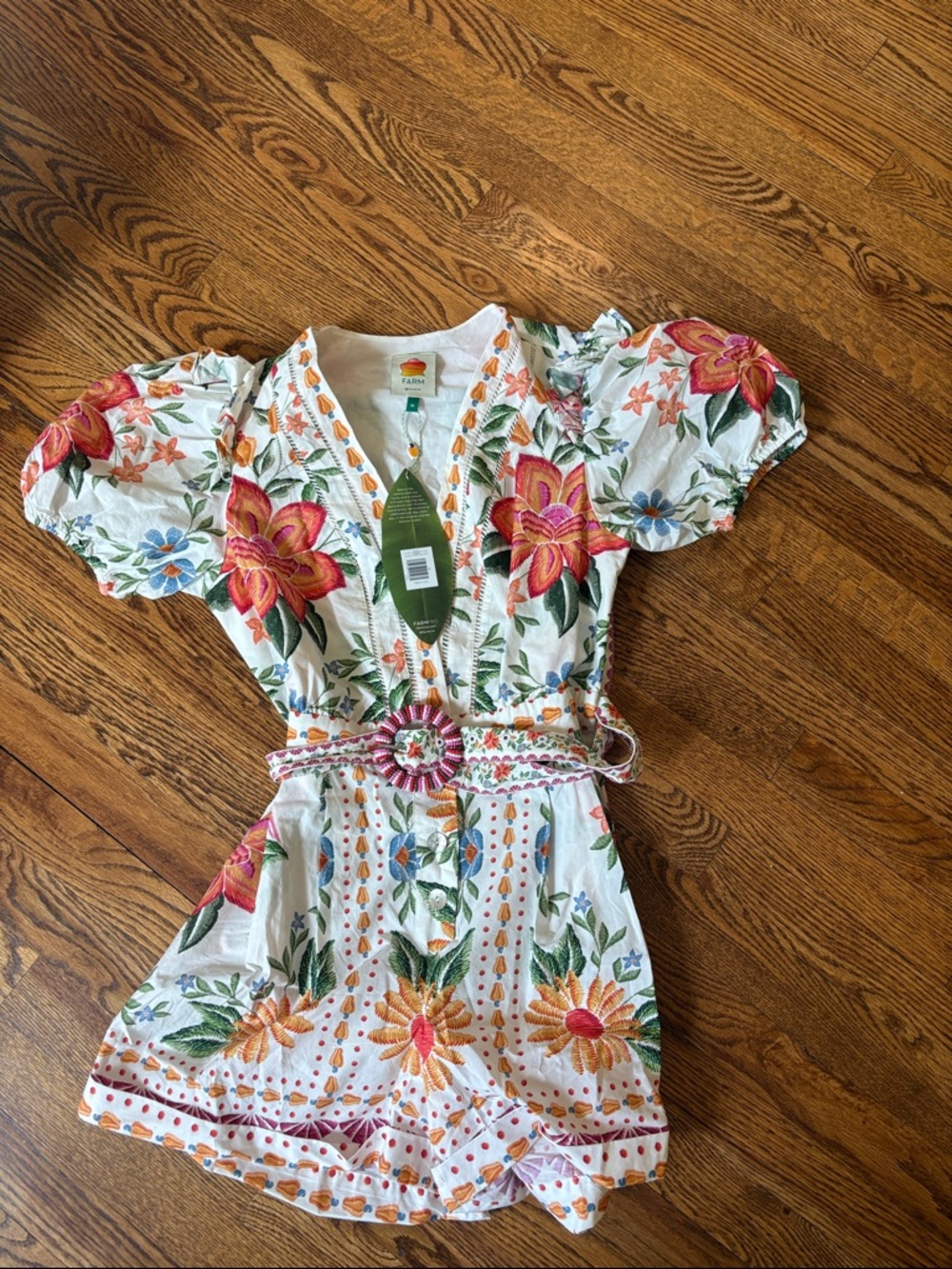 FARM Rio White Floral Embroidered V-Neck Romper with Orange & Green Accents - Picture 2 of 4